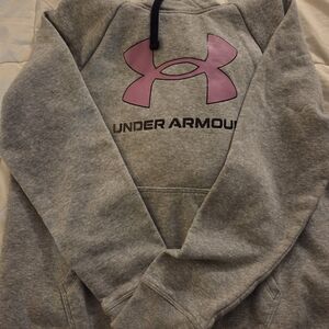 Under Armour Gray Hoodie with Pink Logo. Medium